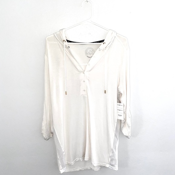 NWT Michael Kors Hooded White Half Button Up Shirt PulloverSize L - Picture 1 of 8